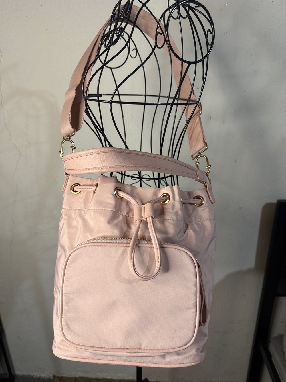 Soft Pink Drawstring Shoulder Bucket Bag with Front Pocket